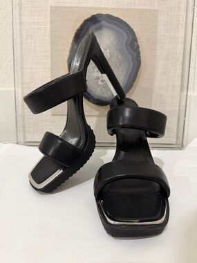 DKNY Black Double-Strap Block Heel Sandals with Silver Accents